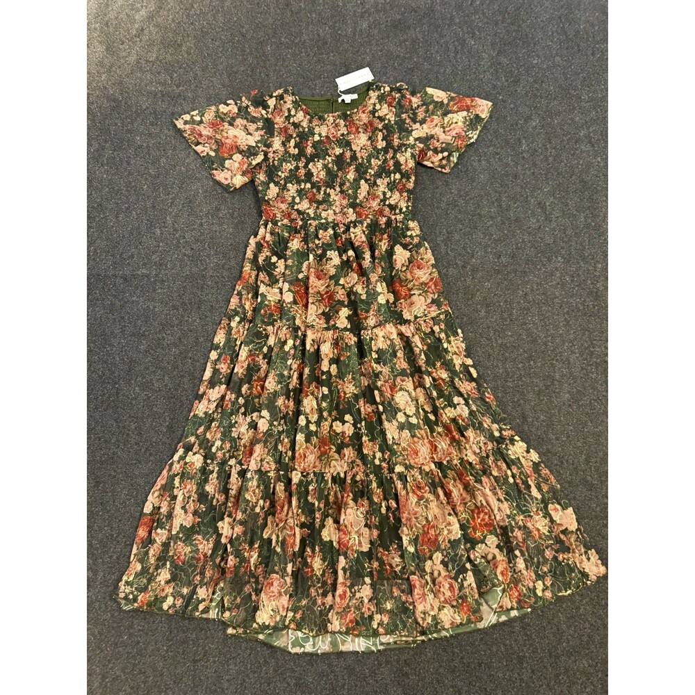 Baltic Born Floral Smocked Midi Dress Green Pink Short Sleeve Zip Closure M
